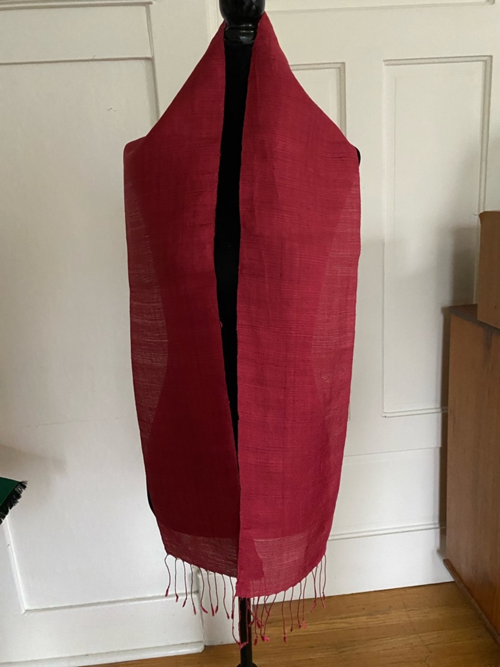 Thai Raw Silk Red Scarf with Fringe.